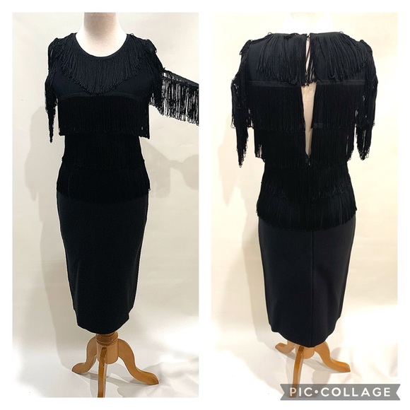 BRAND NEW JS COLLECTIONS OFF SHOULDER BLACK BANDAGE MIDI FRINGE BODICE DRESS - Picture 1 of 5